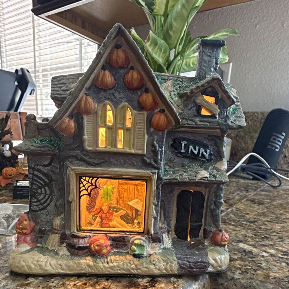 Halloween Village Inn House Decor, Illuminated Painted Ceramic Multicolor